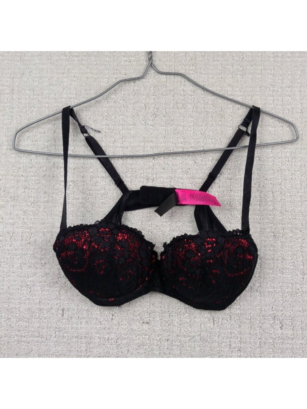 Y2K La Senza The Show Off Black Lace Bra Red Sequin Glam Goth Grunge Sz 32C